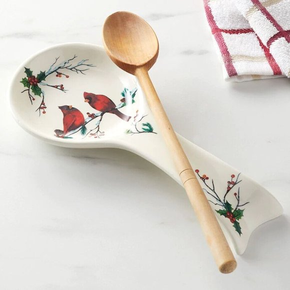 Winter Cardinals on Branch Spoon Rest Holiday Kitchen Stoneware 10-inch Gift NEW - Picture 2 of 2